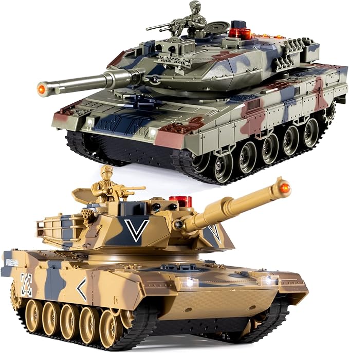 1/24 RC Battle Tank Set, Remote Control USA M1A2 and Ger Leopard II Army Toy That Shoots for Kids and Adults, 2.4G Tank Model Toy for Boys Age 6+ Year Old with Sound Effects, Lights and Smoke