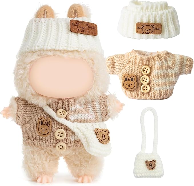 Clothes for LABUBU Doll (NO Doll), Handcrafted Crochet 3-Piece Accessories for LABUBU 17cm Dolls, Premium Outfit - Bunny Sweater + Hat + Bag, Cute Clothes for Dress up Unique Style (Beige)