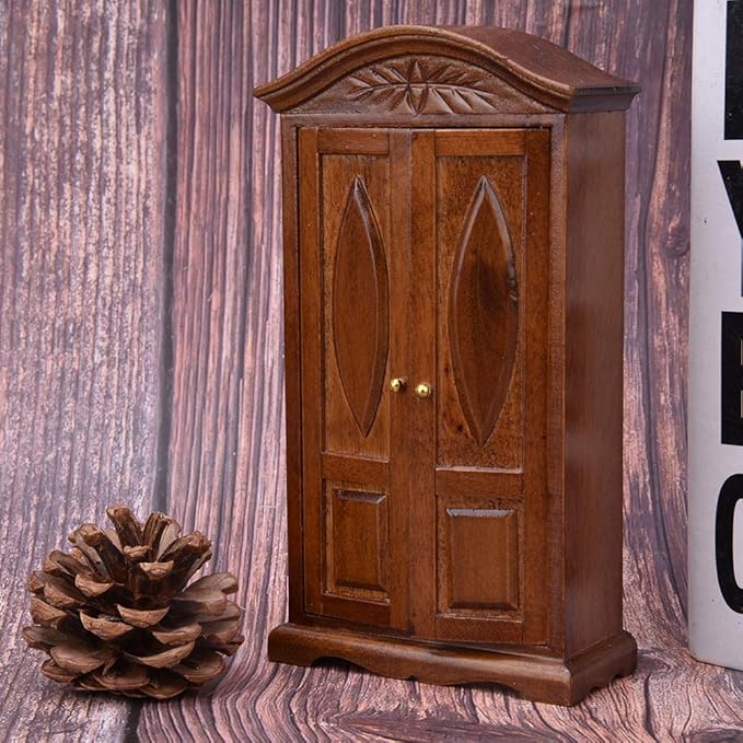 Dollhouse Wardrobe,1:12 Simulation Miniature Bedroom Furniture Wooden Vintage Cabinet for Fairy Gardens Doll House Decoration Accessories (Brown)