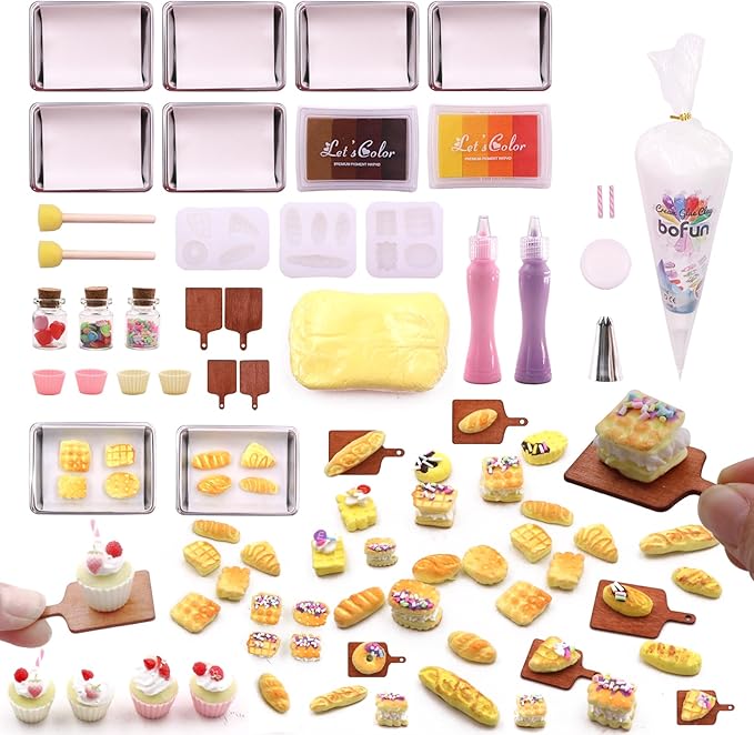 BoFUN DIY Mini Food Craft Kit for Kids Ages 8-12, Teens & Girls & Women, Miniature Makers Air Dry Resin Clay Set, Birthday Gift for Craft Lovers, Dollhouse Collectors& Family Activity (Bake DIY)