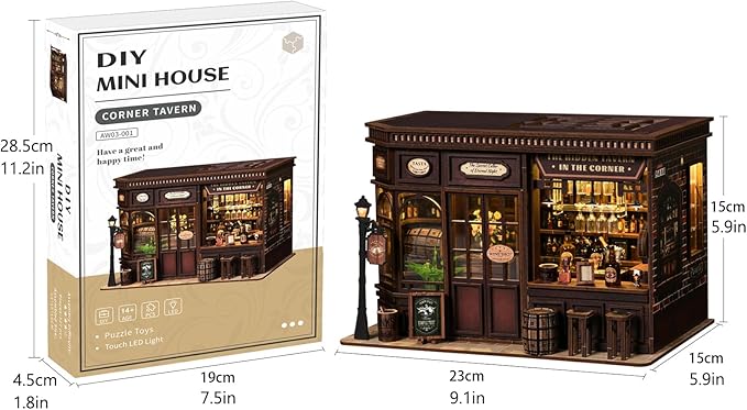 Corner Tavern Book Nook Kits for Adults - DIY Miniature Doll House Kit with LED Lights, 3D Wooden Puzzles, Teens & Beginners, Unique Gift for Book Nooks Lovers, Bookshelf Decor