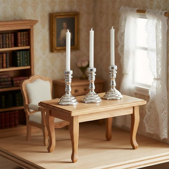 3-Piece Dollhouse Miniature Candle Holder Set, Vintage Style Simulation Candlesticks, 1/12 Scale Candles for Doll House Desk Ornament & Fairy Garden Decor （Silver