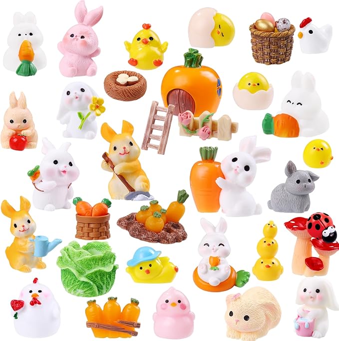 42 Pcs Easter Mini Resin Figurines, Miniature Sculptures Small Farm Bunny Chick Fairy Garden Decor for Dollhouse Easter Egg Fillers Party Favors Supplies DlY Landscape Terrarium