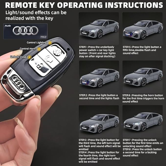 1:18 Audi RS7 Diecast Car,Pull Back Toy Model Cars,Remote Control Key Version Metal Toy Cars with Lights and Sounds,Gift for Children and Adult（Gray）