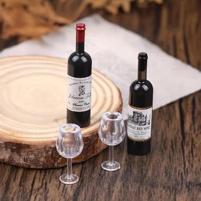 Miniature Red Wine Set: 1/12 Scale Wine Box, Bottles & Glasses for Dollhouse Food Accessories