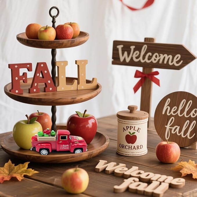 Apple Decor Farmhouse Vintage Red Truck with Fake Apples and Wooden Crate Christmas Table Decorations Mini Apples for Crafts Red Xmas Tiered Tray Decor for Home Kitchen Apple Theme New Year Gifts