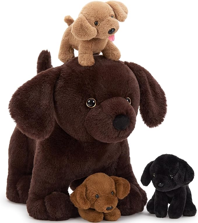 4Pcs Lab Plush Toy, 15.7" Chocolate Mom Labrador Stuffed Animal with 3 Cute Stuffed Baby Dogs in Mother's Belly, Soft Lab Puppy Plushies for Kids Dog Lovers,Christmas Birthday Gift