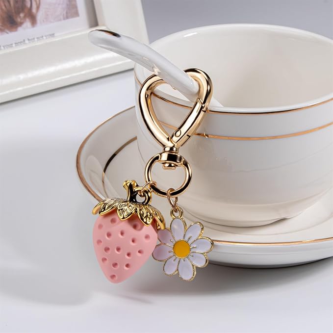 Wikavanli Cute Strawberry Keychain,Bag Charms,Kawaii Heart Flower Daisy Key chains Accessories Decor for Women Girls Purse
