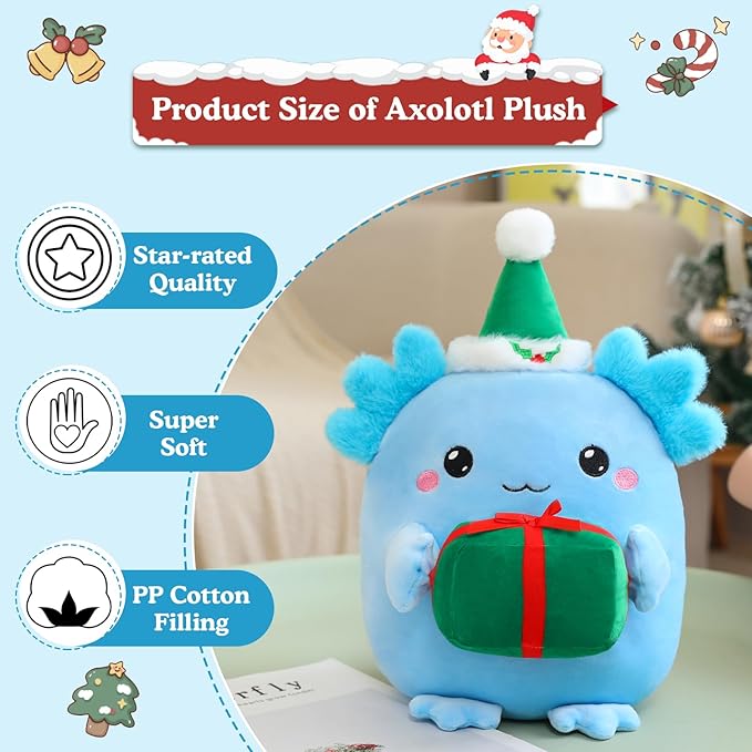 Christmas Axolotl Plush, Cute Axolotl Holding Gift Stuffed Animals Christmas Day Decor Party Favors for Kids & Adults (Blue)