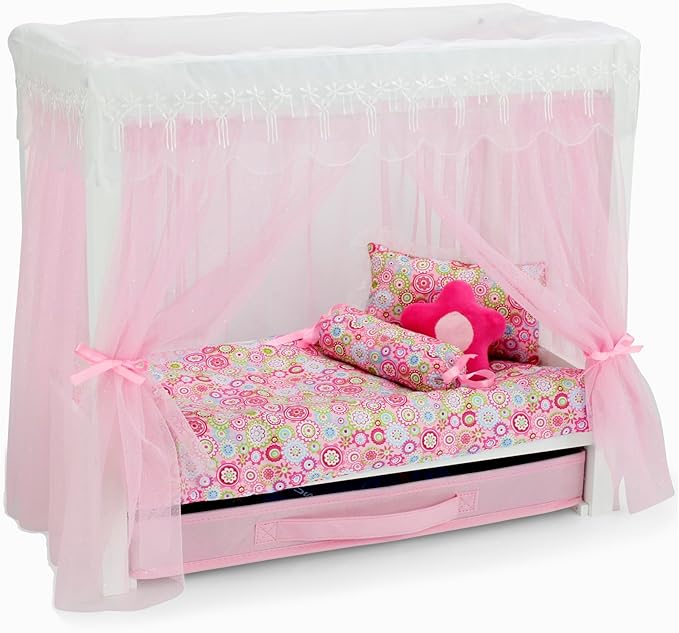 Emily Rose 18" Doll Princess Canopy Bed - White Wood with Pink Tulle Curtains, 5-PC Bedding Set & Storage Drawer - Fits American Girl Dolls - Royal Bedroom Furniture