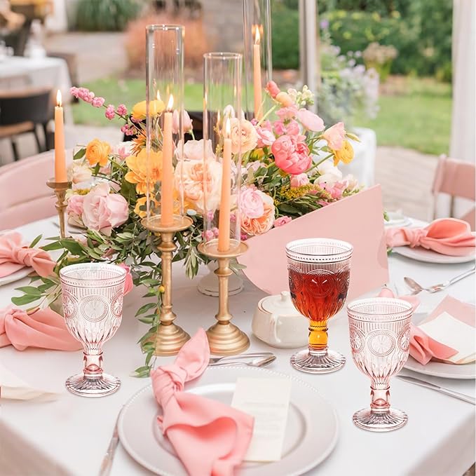 Pink 48 Pack Vintage Wine Glasses, Plastic Reusable 12 Ounce Colored Water Goblets, Unique Flower Embossed Pattern Unbreakable Stemmed Wine Glasses High Clear Wedding Party Bar Drinking Cups