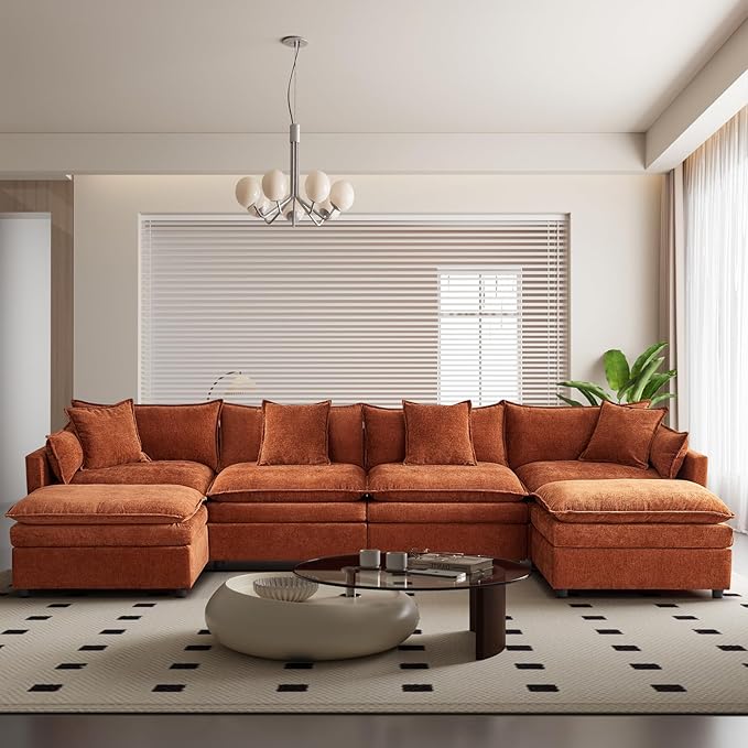 142" Modular Sectional Sofa with 2 Ottomans, 6-Seat Modern Chenille Cloud Couch, Convertible U/L-Shaped Sleeper Sofa with Double Cushions & 4 Lumbar Pillows for Living Room, Apartments and HomeTheater