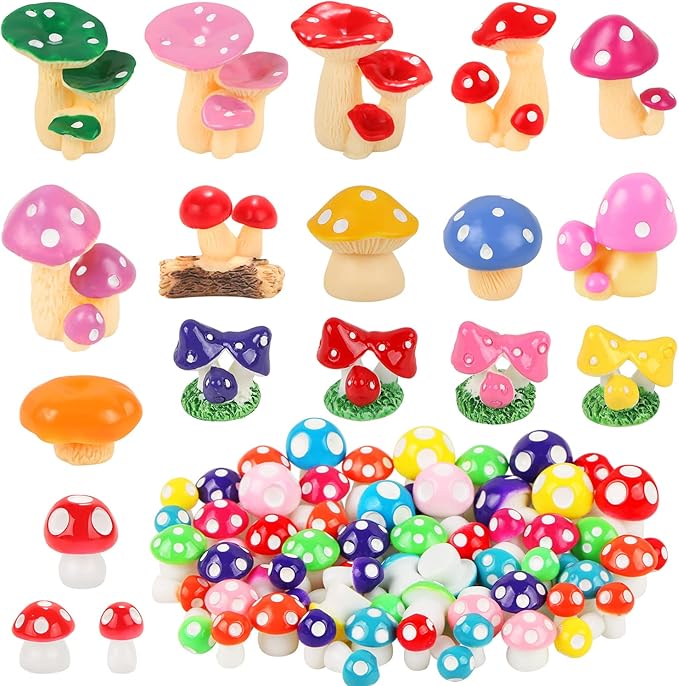 65 Pieces Mini Mushrooms Figurines Colorful Tiny Resin Mushroom Decor for Fairy Graden Craft Fake Mushrooms Moss Landscape DIY Terrarium Cake Topper Party Decoration Home Decor