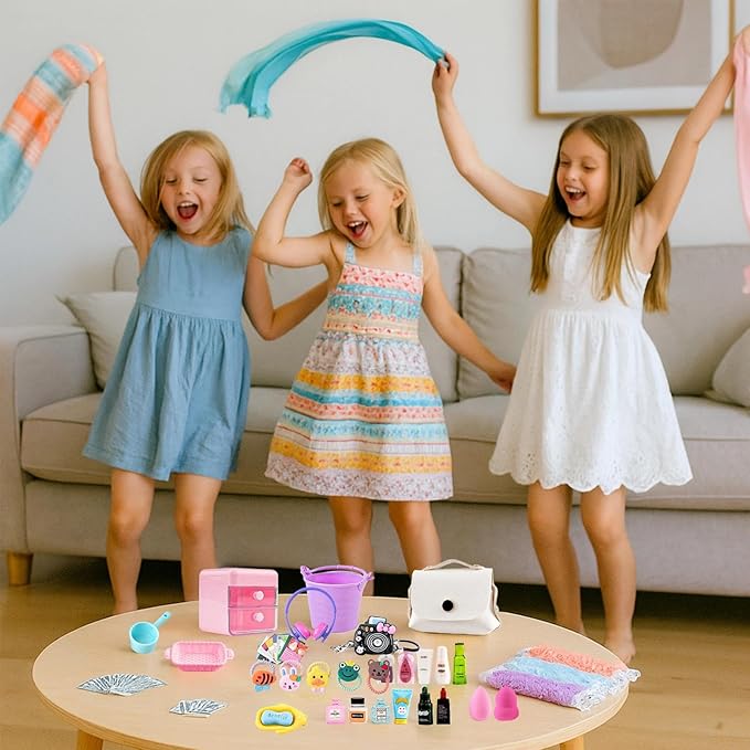 118Pcs Dollhouse Mini Jewelry Storage Case Cosmetic Hand Bag Towel Bathroom Set Accessories Toothbrush Shampoo Purse Decor Doll Backpack Girl Micro Scene Ature Makeup Shoes Glasses Money Mask DIY
