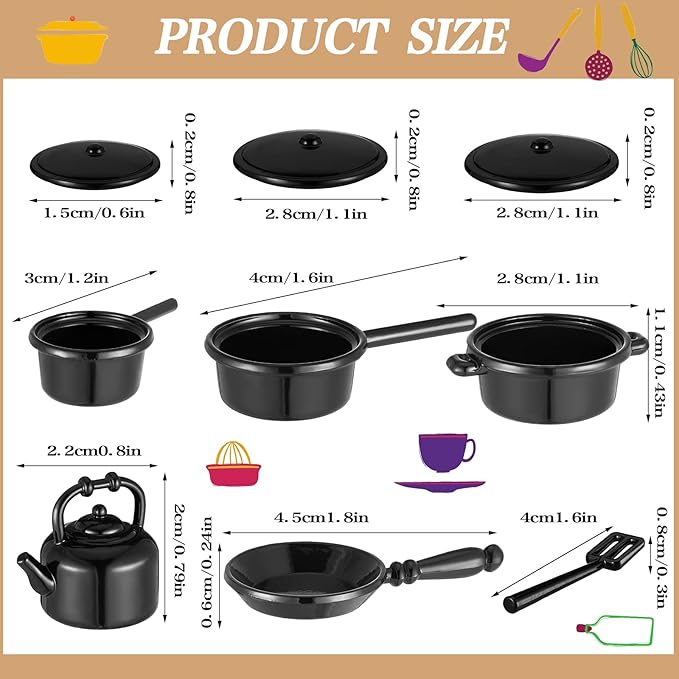 Zhanmai 47 Miniatures Dollhouse Kitchen Accessories Miniature Porcelain Tea Cup Set, Metal Pots and Pans Include 16 Mini Doll Plates Knife Fork Spoon, 6 Egg Beater Utensil, 10 Stovetop Cookware