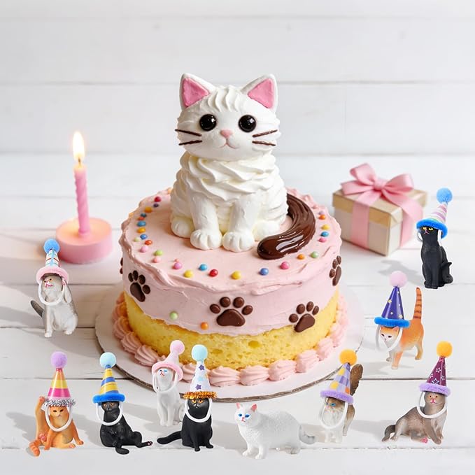20 Pcs Miniature Cat Figurines with Birthday Hats Kit, Resin Tiny Cat Figurines Cake Toppers for Birthday Cat Cake Party Decorations