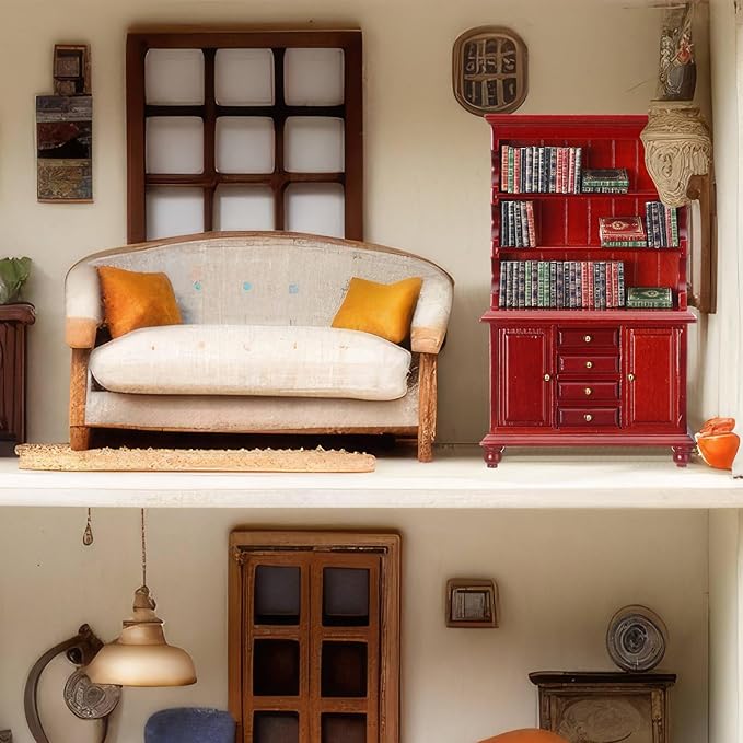 1:12 Scale Dollhouse Miniature Wooden Bookshelf Bookcase with 48 Pcs Miniature Books Mini Tiny Books for Dollhouse Mini Library Decoration Book Lover’s Reading Nook Gift(Red)