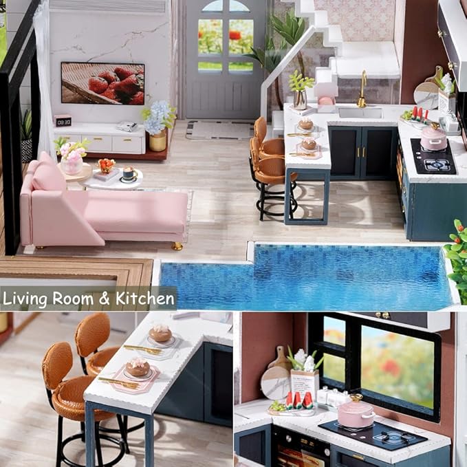 TuKIIE DIY Miniature Dollhouse Kit with Furniture, 1:24 Scale Large Garden Villa Wooden Christmas Doll House Accessories Plus Dust Proof & Music Movement for Kids Teens Adults(West Creek House)