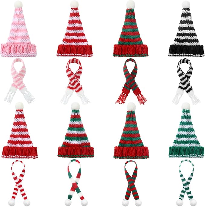 Geyoga 16 Pcs Mini Knit Doll Hat Valentines Day Small Santa Hat for Craft Winter Mini Snowman Hats and Scarf Tree Ornaments Snow Stripe Heart Wine Bottle DIY Decor Gifts