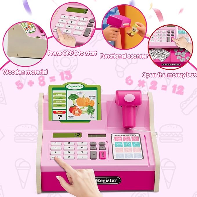 Wee Wonders Wooden Cash Register for Kids with Real Calculator, Rechargeable Cash Register Toy with Scanner/Play Money/Food/Credit Card/Menu, Pretend Play Toys Gifts for Boys Girls Ages 3-8,Color