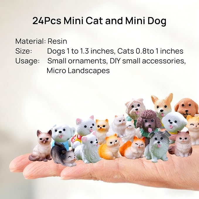 24 Pcs Mini Cat Dog Figurines Set, Cute Realistic Resin Animal Models & Cake Toppers, Miniature Ornaments for Home Desk Decor, Birthday Party Favors, Car Decor, Wedding