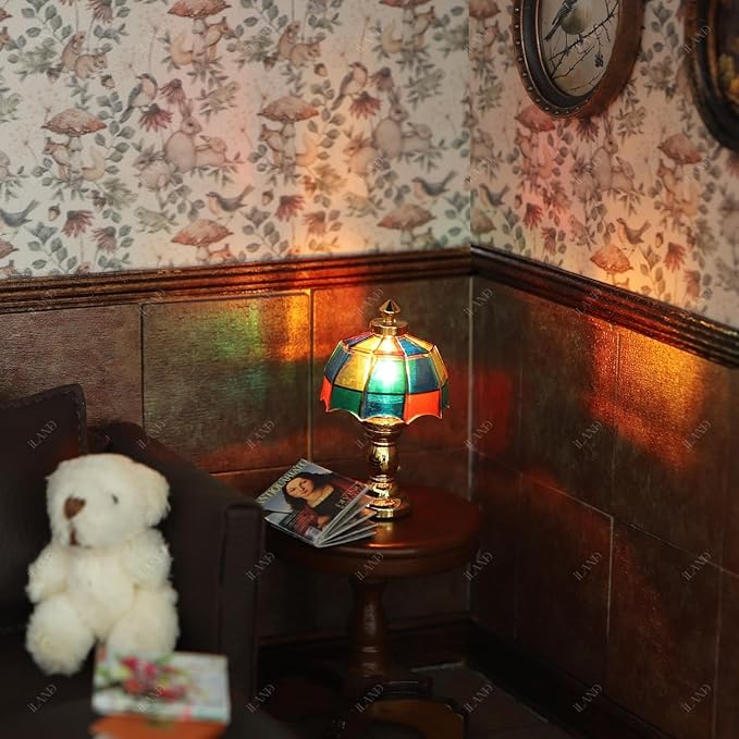 iLAND 1/12 Scale Accessories of Dollhouse Lights, Classic Miniature Lamp for Dollhouse Decoration, Beautiful Mosaic Lattice Table Lamp w/Plug