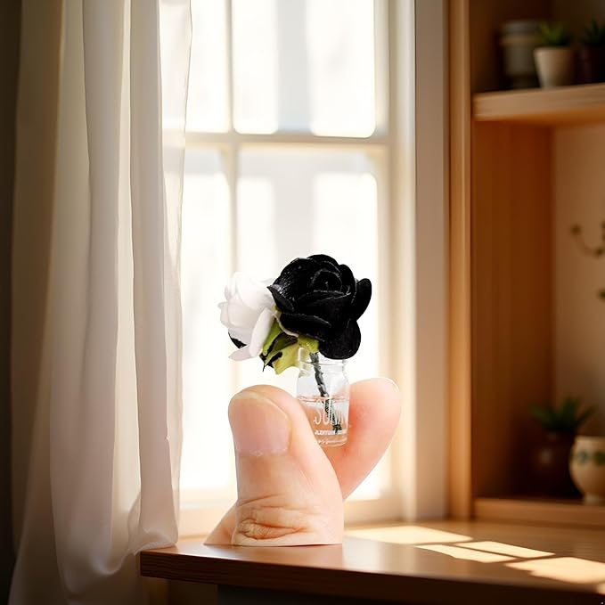 Miniature Glass Vase Set, Dollhouse Accessories, 1:12 and 1:8 Scale, Colorful Flower Bottle Decoration (Black)