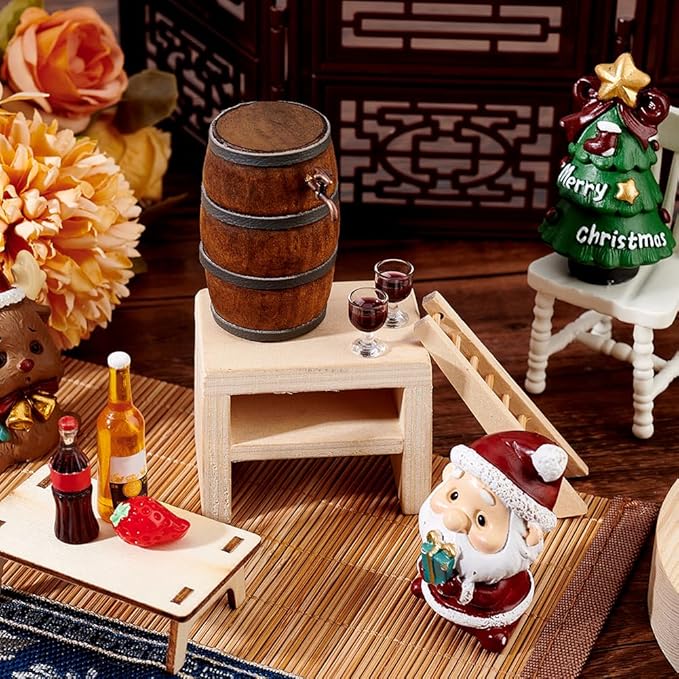 AHANDMAKER Miniature Wooden Beer Barrel Mini House Drink Accessories Figurine Wine Barrel Model with Faucet and Wine Glass Miniature Drink Bottles Pub Bar Accessories