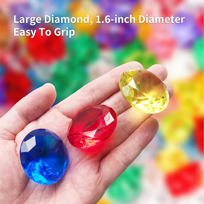 cntjv 28 Pcs Diving Gems Pool Toys 1.57in Large Colorful Diamond for Kids Acrylic Pirate Treasure Big Plastic Gems Underwater Mermaid Hunt Games Swimming Party Favors