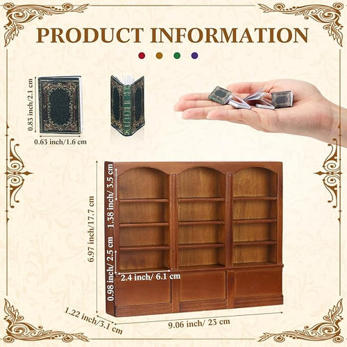 1:12 Scale Dollhouse Miniature Wooden Bookshelf with 48 Pcs Miniatures Books, Mini Bookcase Tiny Books for Dollhouse Mini Library Furniture Christmas Decoration Gift(Brown)