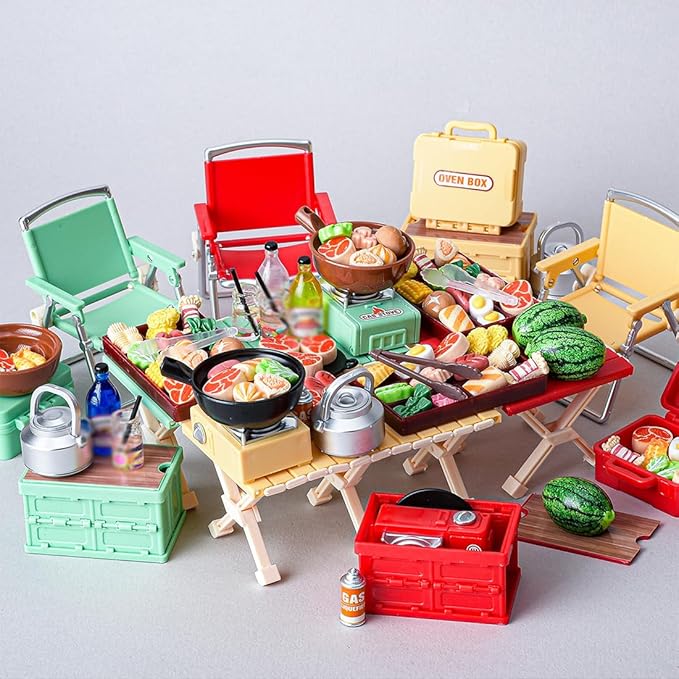 1/12 Scale Mini Realistic Camping Picnic Table and Chair Model Set, Dollhouse Food-Play Props, Prentend-Play Accessory Set (3-Color Camping Accessories + Food Items)