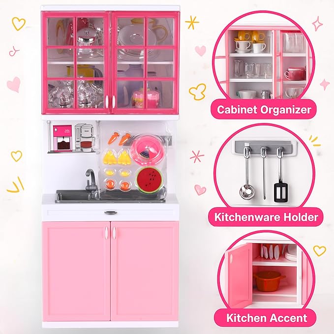 Doll Kitchen Playset for Kids, My Modern Mini Kitchen House Furniture Pretend Play Toy Accessories Set with Realistic Lights & Sounds for Toddlers, Girls (4-in-1)