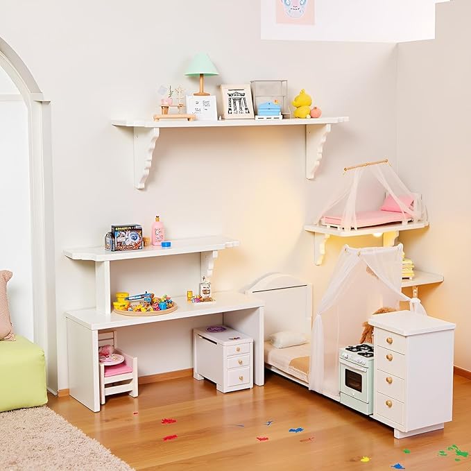 2Pcs White Dollhouse Wall Shelf, 1:12 Scale Miniature Storage Shelf for Kitchen Scene Decor Accessories