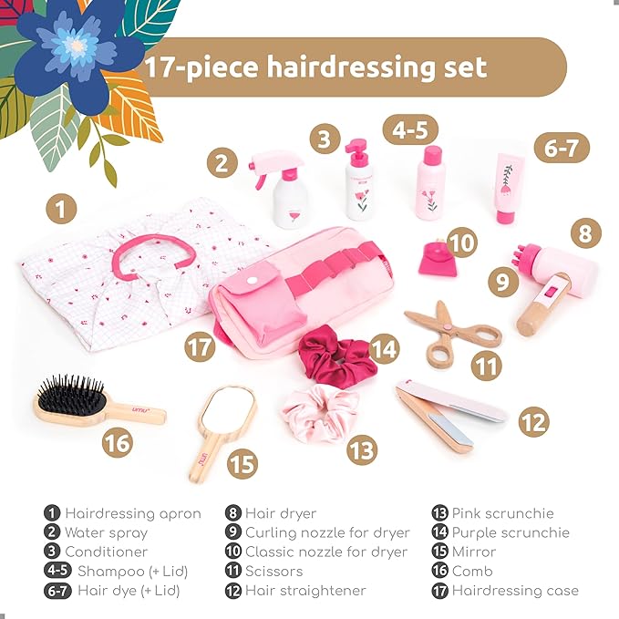 umu® Wooden Hair Salon Playset – 17 Pcs Pretend Hairdressing Toy with Hair Dryer Straightener Mirror Comb & Accessories – Little Woman Design Beauty Role Play Toy for Girls Ages 3 4 5 6