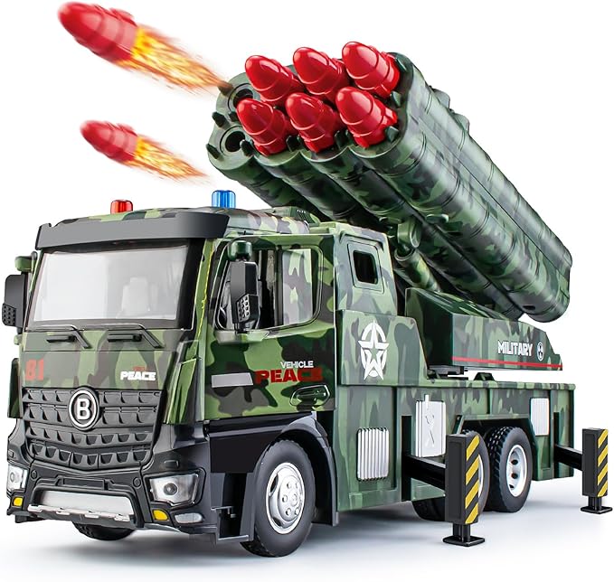 Army Toys for Boys Age 4-7, Military Vehicle Toys with Missile Launcher Metal Cab, Friction Powered Military Truck with 8 Missiles, Lights and Sounds