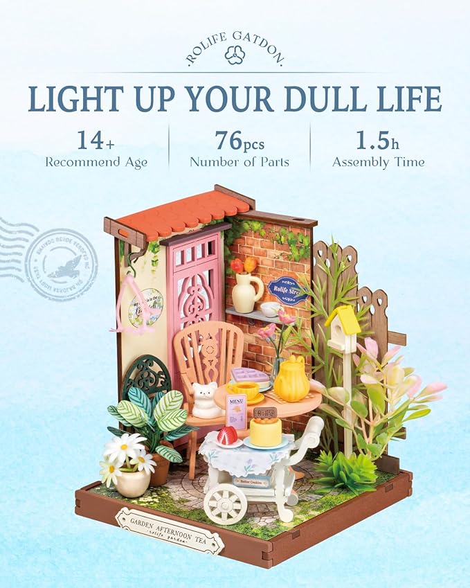 Rolife DIY Mini Building House Miniature Kit-Fancy Tea Yard, Miniature Lifestyle Mini Bookshelf Decoration, DIY Hobbies/Gifts for Craftsman (Fancy Tea Yard)