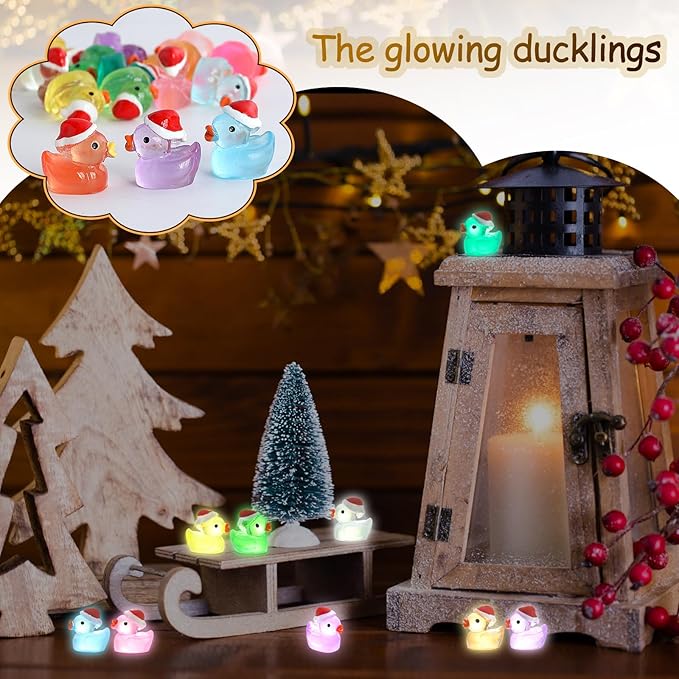 160Pcs Luminous Mini Christmas Resin Duck Miniature Glow in The Dark Ducks Christmas Decor Aquarium Ornament Dollhouse Decoration DIY Slime Kit Birthday Party Hide and Seek Prank(16 Colors)