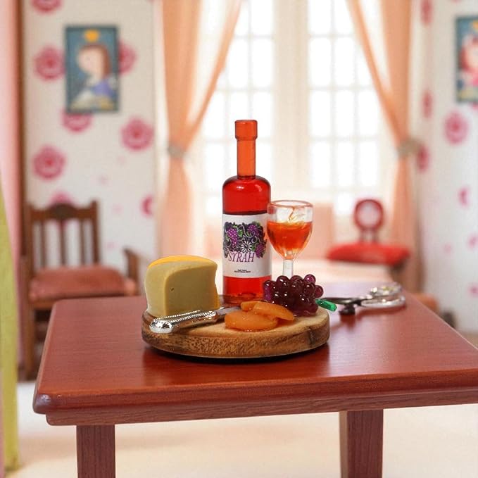 1:24 Mini Wine Decor Scale Dollhouse Miniatures – Miniature Wine Cheese and Board Platter Accessory with Tiny Bread Pastries and Bottle – DIY Micro Food Model for Kitchen Dining Room Scene Decor