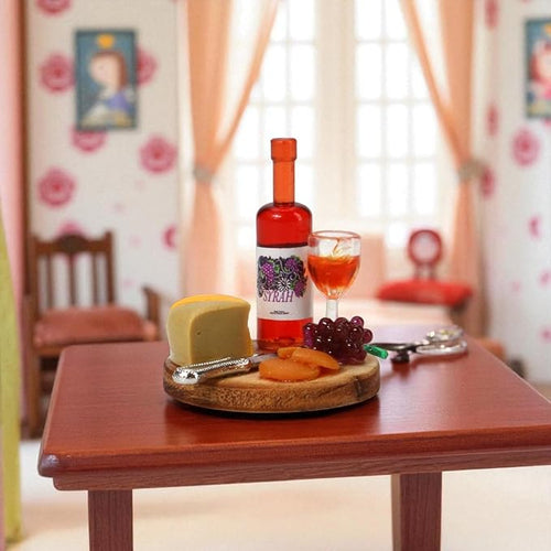 1:24 Mini Wine Decor Scale Dollhouse Miniatures – Miniature Wine Cheese and Board Platter Accessory with Tiny Bread Pastries and Bottle – DIY Micro Food Model for Kitchen Dining Room Scene Decor