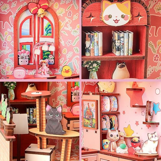 Pink DIY Miniature Dollhouse Kit, Tiny House Kits with LED Light, Mini House Making Kit to Build for Adults, Hobby Craft Gift for Christmas Day, Cat House