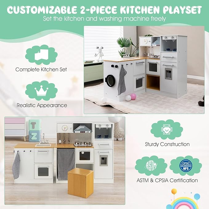 Costzon 2-Piece Corner Play Kitchen, Wooden Play Kitchen w/Washing Machine, Realistic Light & Sound, Coffee Maker, Stove & Accessories, Little Chef Pretend Toy Kitchen for Boys & Girls