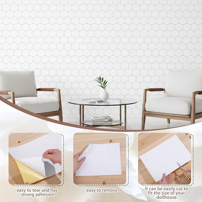 Flutesan 3 Pcs Miniature Dollhouse Wallpaper and Flooring Peel and Stick 1:12 Scale Self Adhesive Doll House Wallpaper DIY Mini Dollhouse Accessories 8.27 x 11.69 Inch(Hexagon)