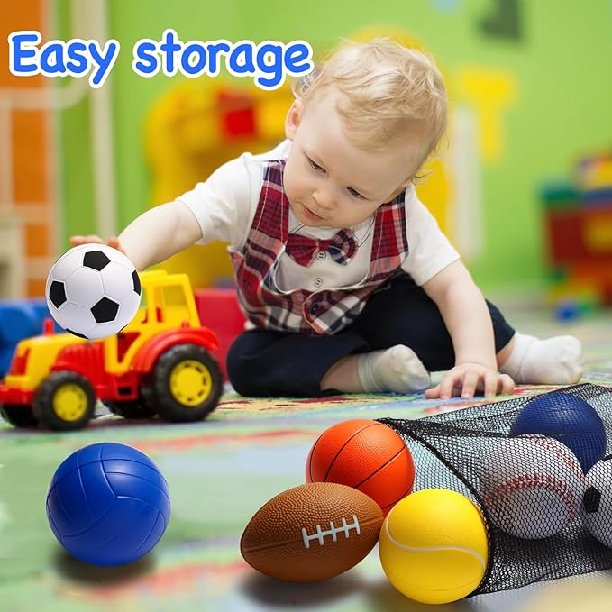 Urspasol Mini Sports Balls Set of 6 Foam Balls for Kids 3.5 inch Soft Ball for Toddlers 1-3 with Bag Includes Soccer, Basketball, Football, Baseball,Tennis and Volleyballs- Throwing Toys for Babies