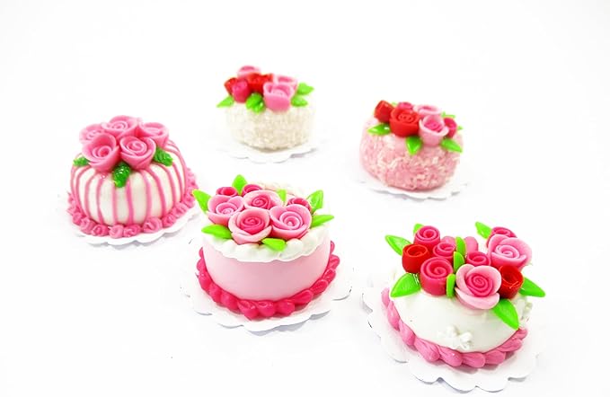Dollhouse Miniatures Food Set 2cm 5 Mixed Rose Flower Cake Supply Charms 13702