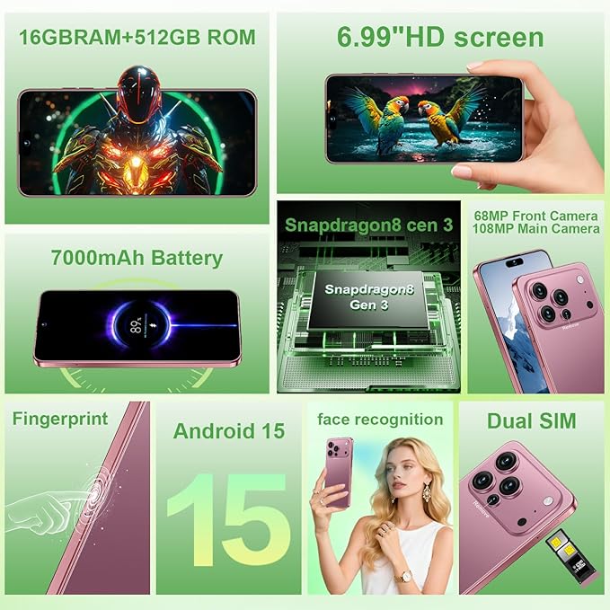 Huness I17PROMAX Smartphone Unlocked Cell Phone,6.99" HD Screen Unlocked Phone,16+512GB Android 15 Battery 7000mAh,Face ID/Dual SIM/5G/Fingerprint Button Unlock/Photos/GPS (Rose Gold, 16+512G)
