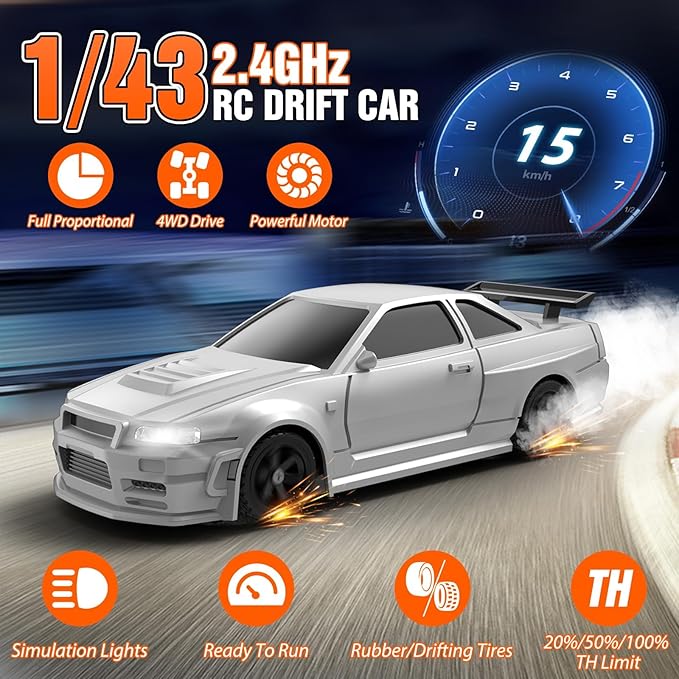 RC Drift car, 1/43 Mini Rc Drift car with Gyroscope, 2.4GHz Full Proportional Remote control Cars, 4WD High Speed Racing with Lights, Racing Tires, Model Cars Gift for Adults, Kids, Boys, Girls