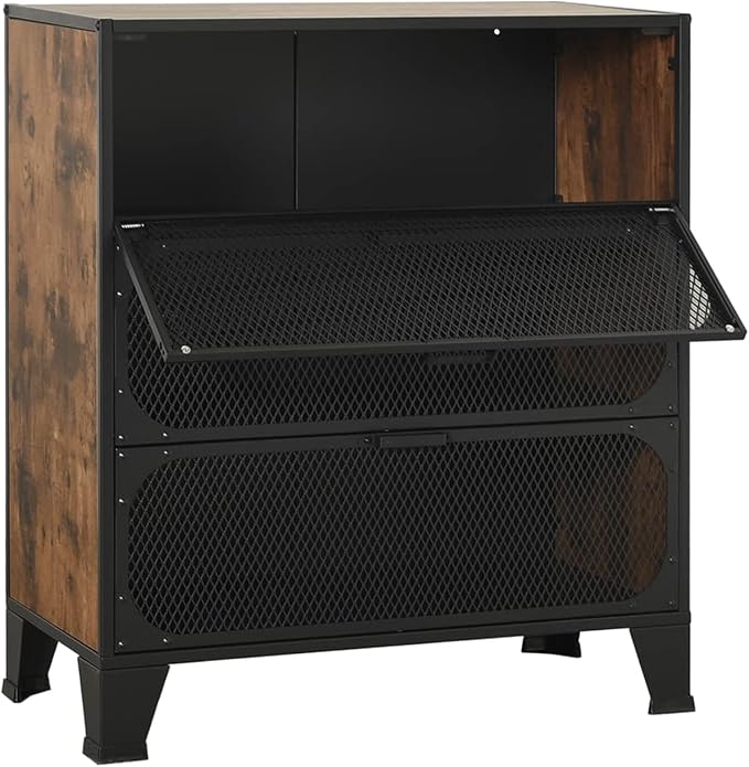 Storage Cabinet, Rustic Brown Metal and MDF Compact Cabinet with Multiple Shelves, 28.3x14.2x32.3 Inches, for Living Room, Office, or Bedroom