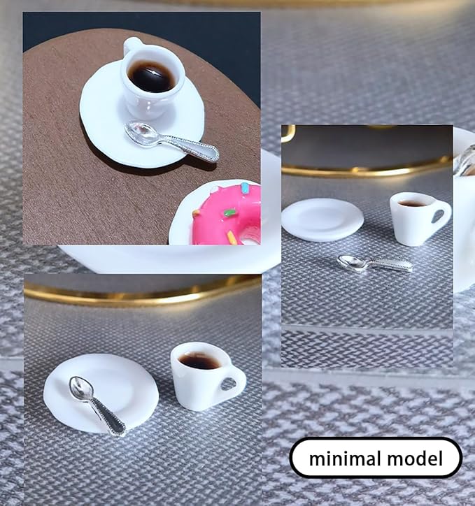 1:12 Scale Miniature Coffee Cup with Spoon and Plate – 1 Set Dollhouse Scene Accessory for DIY Summer Table Setting, Desktop Display, Realistic Resin Mug Prop for Relaxation-Themed Mini Décor
