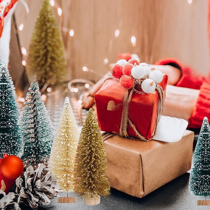 Yahpetes Christmas Tree 24 Pcs Artificial Christmas Trees Miniature Pine Trees 4 Sizes Sisal Trees with Wood Base Bottle Brush Trees for Crafting Displaying Decoration(Blue-Green,White,Gold, 24Pcs)
