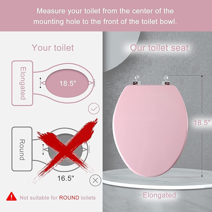 Pink Elongated Toilet Seat Natural Wood Toilet Seat with Zinc Alloy Hinges, Easy to Install also Easy to Clean, Scratch Resistant Toilet Seat by Angol Shiold (Elongated, Pink)